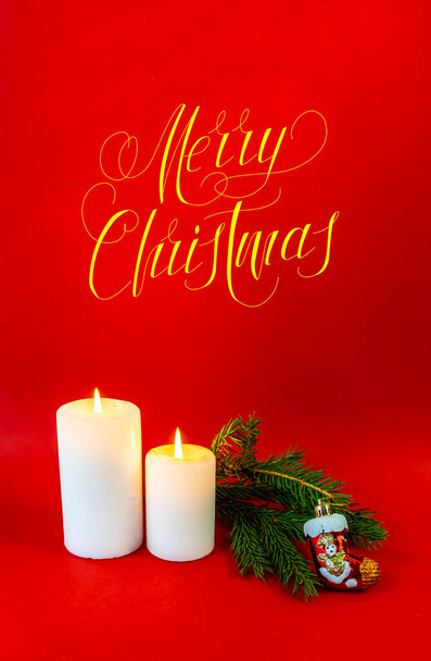 Christmas card, banner, flatlay with text - Merry Christmas on a red background - Foto, imagen
