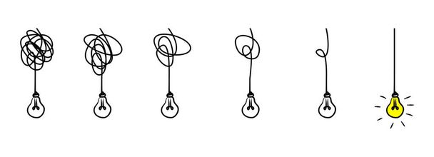 Simplifying the complex, confusion clarity or path vector idea concept. the concept of transition from complicated to simple with bulb lamp Doodle vector illustration . - Vector, Image