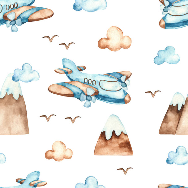 Flugzeug, Berge, Wolken auf weißem Hintergrund. Aquarell Boho nahtloses Muster für Jungen - Foto, Bild