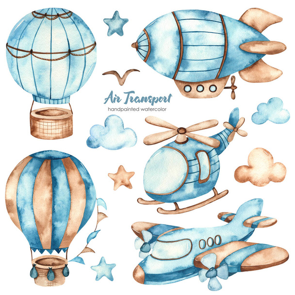 Airplane, airship, air balloon, helicopter. Watercolor clipart air transport - Photo, Image