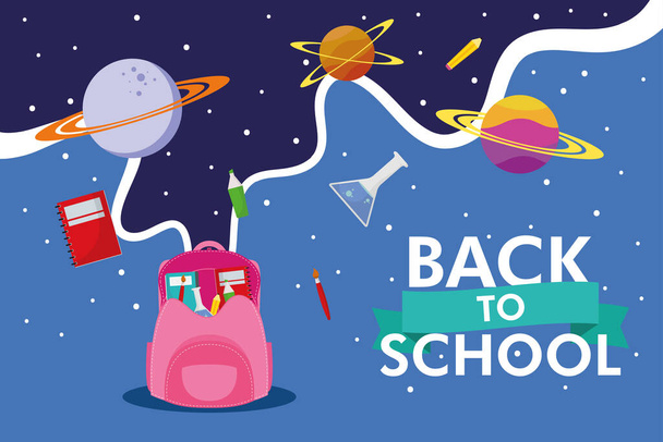 αφίσα της σχολικής σεζόν με σχολική τσάντα και εικονίδια χώρου - Διάνυσμα, εικόνα