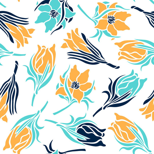 Seamless pattern with spring Pulsatilla flowers. Yellow and blue flowers on a white background. Surface design. Vector illustration. - Vecteur, image