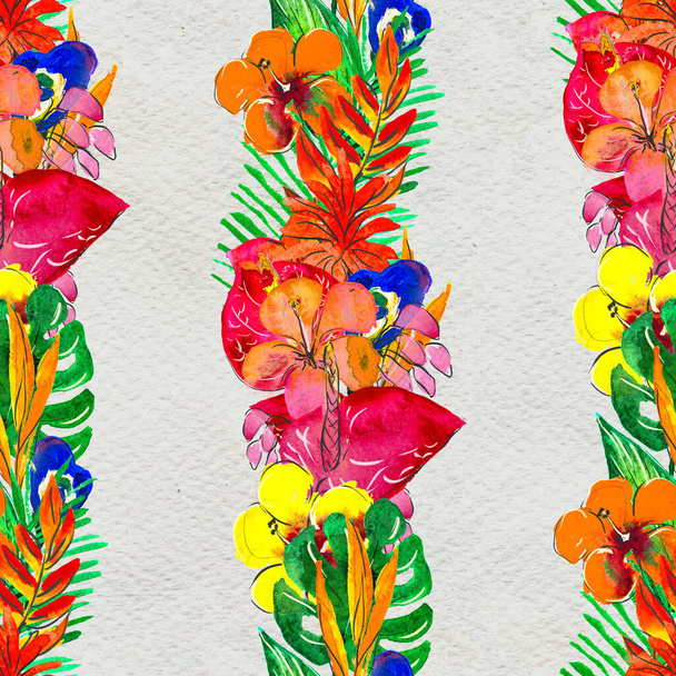 Seamless pattern With Tropical Flowers. Watercolor Background - Foto, imagen