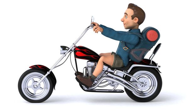 Fun illustration of a 3D cartoon backpacker  on motorcycle - Zdjęcie, obraz