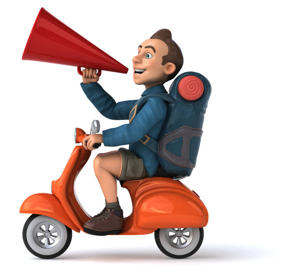 Fun illustration of a 3D cartoon backpacker on scooter - Foto, Imagem