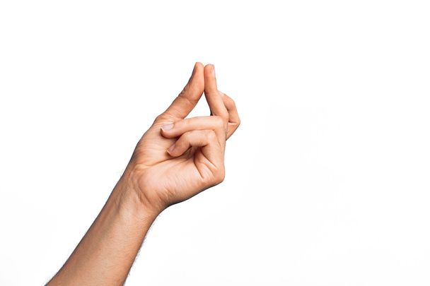 Рука білошкірого чоловіка, який показує пальці над ізольованим білим тлом, стискаючи пальці для успіху, легко і натискати жест символу рукою
 - Фото, зображення