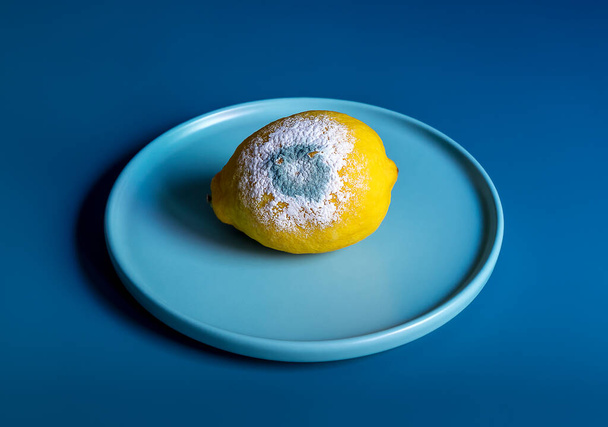 青い背景に白い型で腐った黄色のレモンをこぼした。食べられないわ。接近中だ。トレンド醜い食べ物。スペースのコピー - 写真・画像