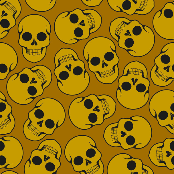 Patrón vectorial sin costuras con cráneos amarillos sobre un fondo de mostaza. Impresión de Halloween; El día de los Muertos; - Vector, imagen