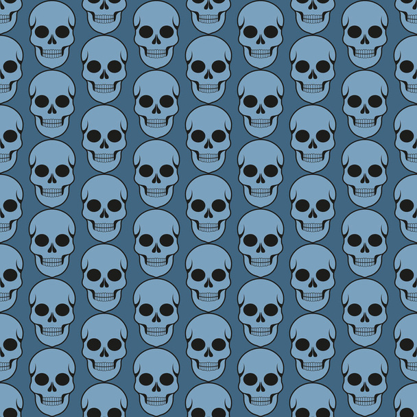 Nahtloses Vektormuster mit blauen Totenköpfen auf azurblauem Hintergrund. Halloween Print; Der Tag der Toten; - Vektor, Bild