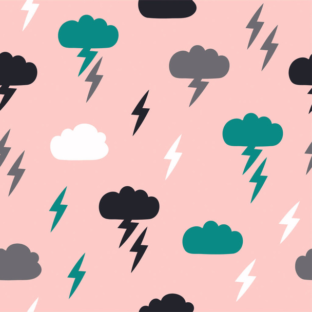 Simple children's doodle pattern with clouds. Seamless pattern with lightning rain. Background for poster, cover booklet, banner, surface design. - Vector, Image
