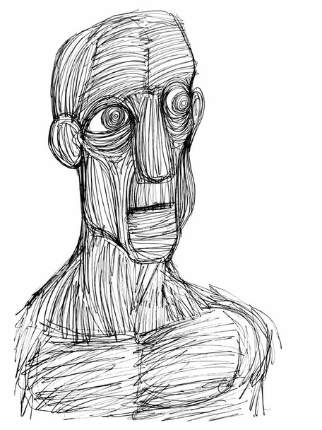 Disegno a inchiostro (Sketch, Hatch Work) di un volto espressivo (Old Man) in uno stile unico strutturato. Illustrazione manuale artistica trasformata in vettore.  - Vettoriali, immagini