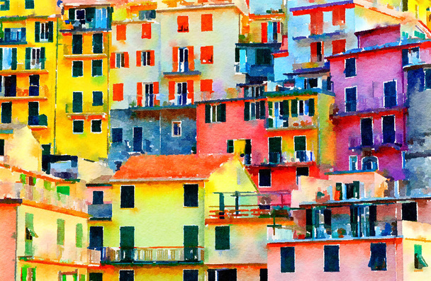 Akvarel Malba domů v Manarola, Cinque terre (Itálie) - Fotografie, Obrázek