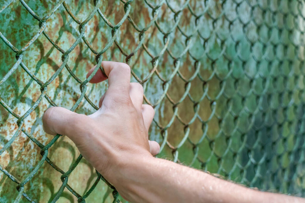 La mano dell'uomo sulla recinzione mostra quanto vuole passare dall'altra parte. Concetto di libertà - Foto, immagini