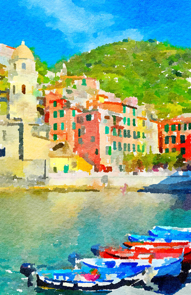 Akvarel slunečného dne ve Vernazze, Cinque terre (Itálie) - Fotografie, Obrázek
