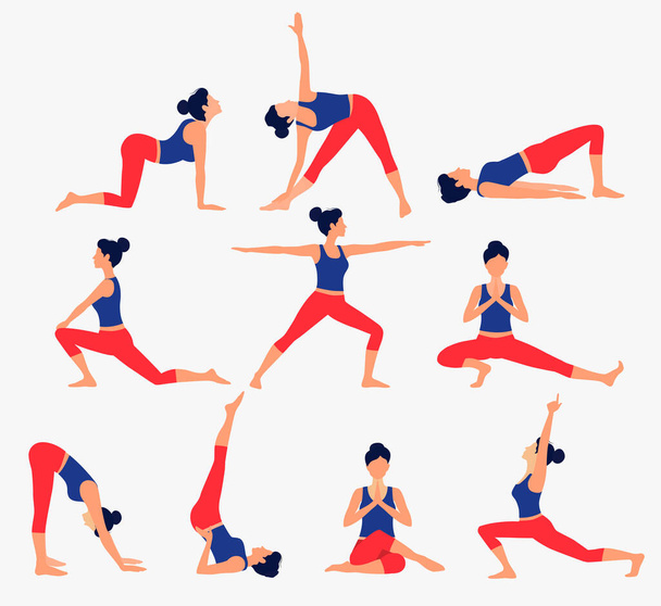Various yoga poses set. Female yoga vector illustration. Healthy lifestyle. - Vector, Image