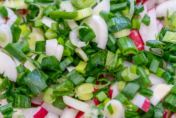 background of vegetable salad close-up: onion, radish, cucumber - Fotografie, Obrázek