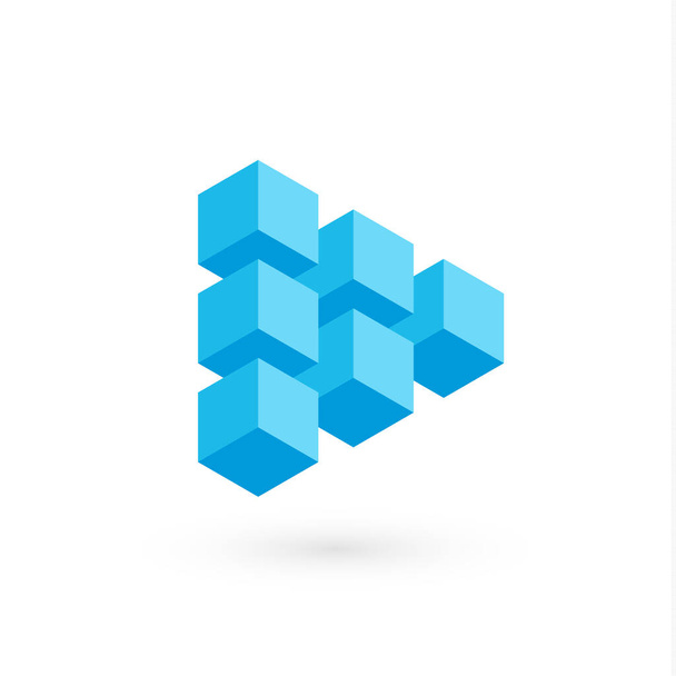 Botão de reprodução para mídia digital, áudio e vídeo, forma triangular de cubos 3D, figura volumétrica azul, símbolo de arquitetura. Modelo de logotipo do vetor isolado para empresas. Ícone para infográfico - Vetor, Imagem