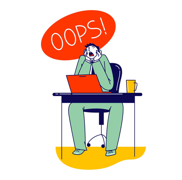 Man Deleted Important Information from Computer by Mistake, Stupidity. Shocked Male Character Yelling Oops at Laptop - Vector, Image
