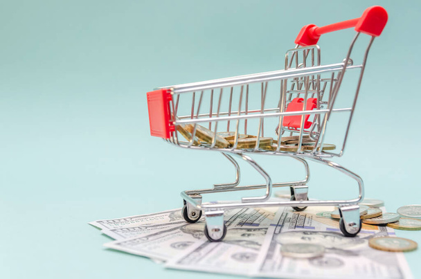 red shopping cart with gold and silver coins stands on dollar bills on a blue background. The concept of online shopping, online shopping - Foto, afbeelding