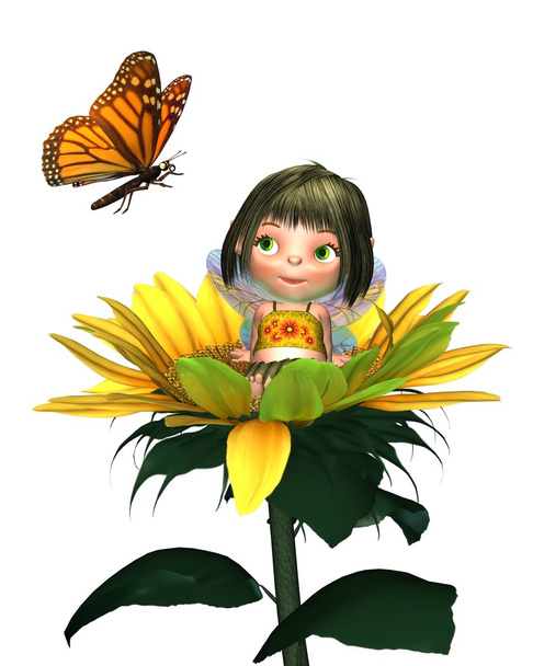Baby Sunflower Fairy with Butterfly - Photo, Image
