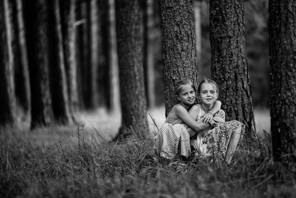 Deux petits amis dans le parc. Photographie noir et blanc. - Photo, image