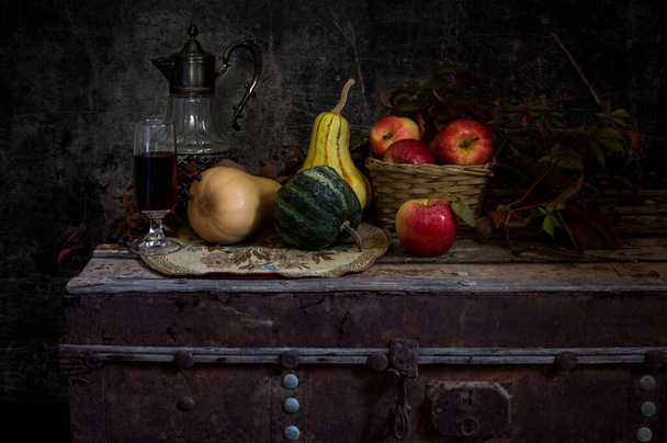 Halloween concept. Still Life with pumpkin, wine and apples on wooden background close-up. - Zdjęcie, obraz