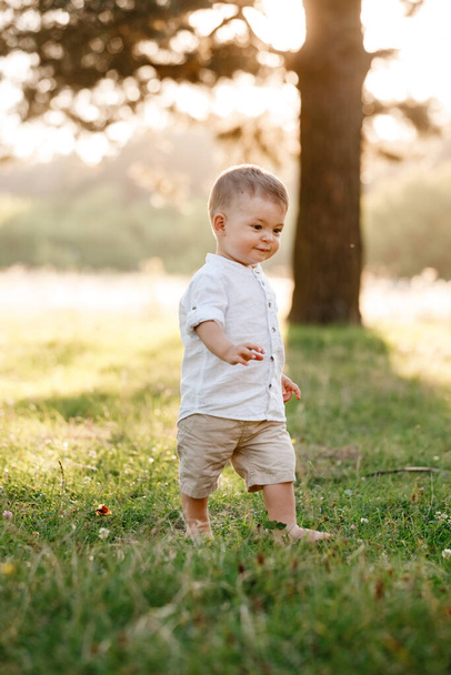 Happy adorable baby boy walks on the grass in the park on summer day. Happy smile. Child in trendy and cute clothes. - Foto, afbeelding