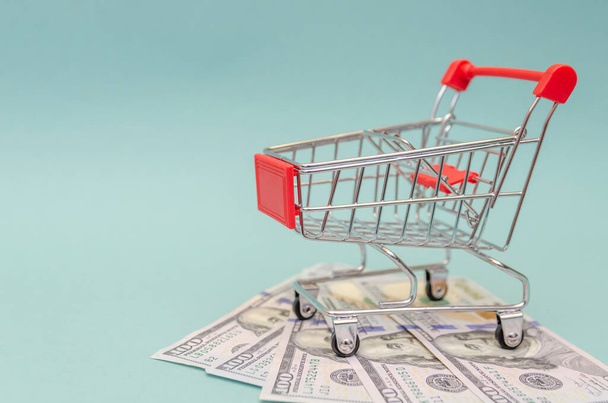 red shopping cart stands on dollar bills on a blue background. Concept of online shopping, online shopping. Copy space - Foto, Imagem