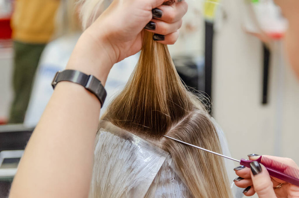 Kadeřník rozděluje vlasy do pramenů pro barvení vlasů - Fotografie, Obrázek