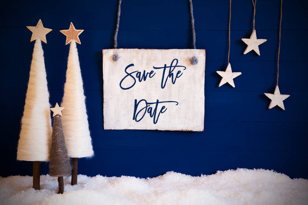 Christmas Tree, Blue Background, Snow, Text Save The Date - Valokuva, kuva