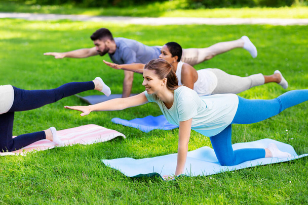 group of people doing yoga at summer park - Photo, image