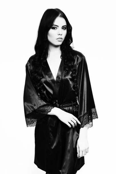 sexy girl posing in black silk robe isolated on white - Zdjęcie, obraz