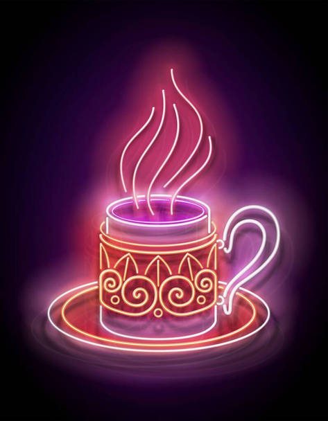 vintage glow signboard with metal cup of turkish coffee with steam. cafe label. brick wall. vector 3d illustration - Διάνυσμα, εικόνα