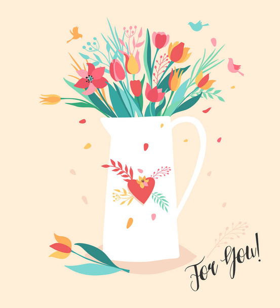 Vector illustation of flower in the jugg. Bouquet of flower in the white coffeepot . Trend Illustration on the pink background. - Вектор, зображення