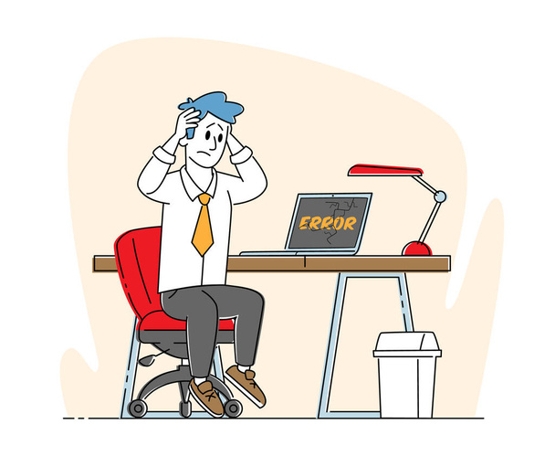 Γραφείο Εργαζόμενος Άνδρας Χαρακτήρας Sit at Working Desk with Broken Computer Holding Head. Απελπισμένος επιχειρηματίας και Gadget - Διάνυσμα, εικόνα