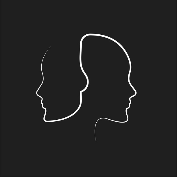 Juliste piirretty jatkuvana viiva koostuu kahdesta naisprofiileja. Minimaalinen mustavalkoinen graafinen muotokuva - Vektori, kuva