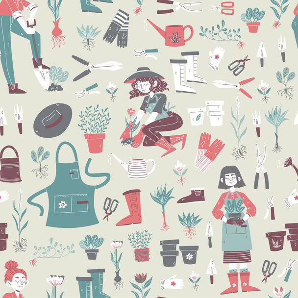 シームレスなパターンをガーデニング。庭の要素のベクトル図:植物、散水缶、草、花、庭の手袋など - ベクター画像