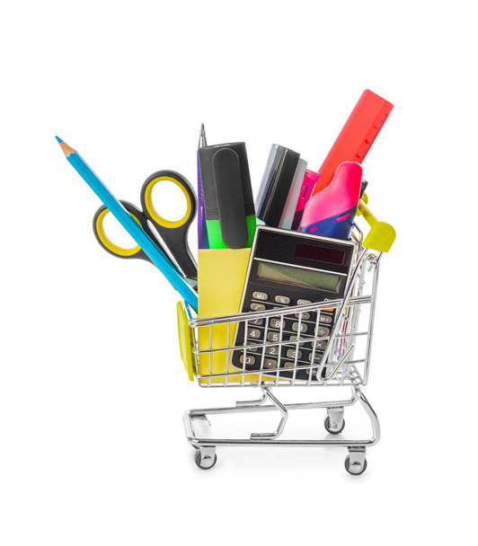 Stationery in shopping cart isolated on white background - Φωτογραφία, εικόνα