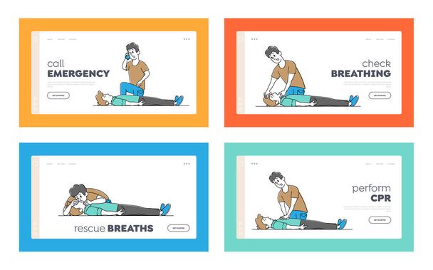 心肺蘇生ランディングページテンプレートセット。キャラクターは被害者への応急処置を行う。緊急呼び出し、 CPR - ベクター画像
