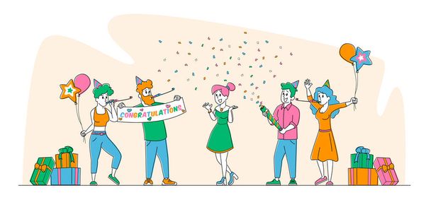 Los personajes celebran la fiesta de cumpleaños sorpresa. Amigos alegres en sombreros festivos jugando tuberías con globos y confeti - Vector, Imagen