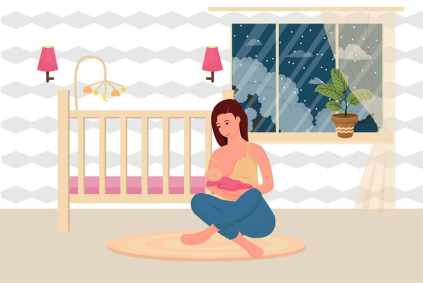γυναίκα θηλάζει το μωρό της κρατώντας τα χέρια στο παιδικό δωμάτιο. Το παιδί πίνει γάλα από το γυναικείο στήθος. Νύχτα - Διάνυσμα, εικόνα