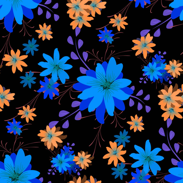 Seamless Pattern with Daisy Flowers. Bright Texture for Print, Textile, Linen, Cloth. Pretty Pattern for Wrapping Paper. Vector Wild Flowers. Endless Texture. Colorful Rapport in Retro Style. - Vector, imagen
