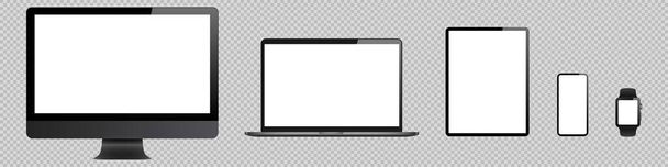 laptop, computer, tablet, mobile, watch mockup isolated blank screen vector set. white monitor touchscreen gadget technology equipment. phone, smartphone, smartwatch  background - Vector, Image