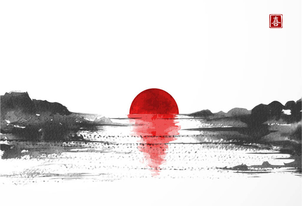 Landscape with lake view with big red sun in asian style hand drawn with sumi ink. Traditional oriental ink painting sumi-e, u-sin, go-hua. Translation of hieroglyph - zen. - Vector, Image