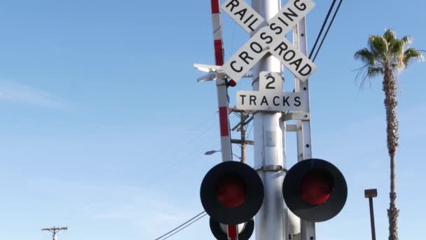 Level crossing warning signal in USA. Crossbuck notice and red traffic light on rail road intersection in California. Railway transportation safety symbol. Caution sign about hazard and train track - Footage, Video
