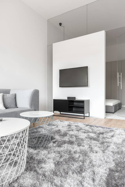 Moderno tappeto bianco e grigio in soggiorno con grande schermo televisivo, divano grigio e due, tavolini bianchi alla moda - Foto, immagini