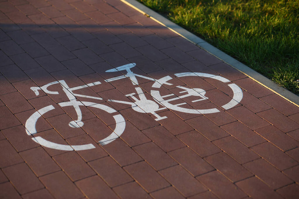 Primo piano del cartello bianco della bicicletta sulla pista ciclabile illuminata dal sole nel parco - Foto, immagini