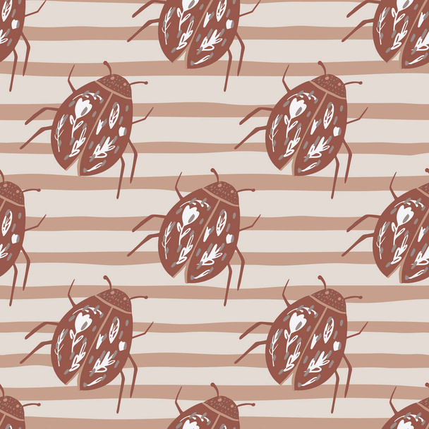 Scarab beetle silhouettes seamless pattern. Stylized bugs print in soft brown tones with stripped background. Perfect for wallpaper, textile, wrapping paper, fabric print. Vector illustration. - Vector, Image