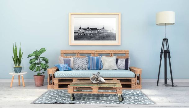 3d render - Interior de una sala de estar escandinava un sofá de paleta, mesa y decoración marítima - Foto, imagen