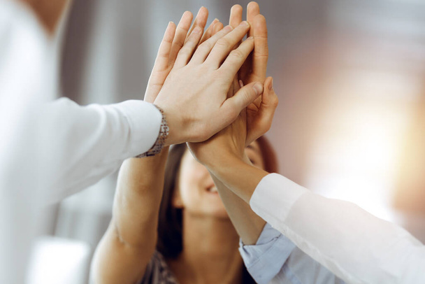 Group of business people joining hands or giving five to each other after meeting or negotiation in sunny office - Photo, image